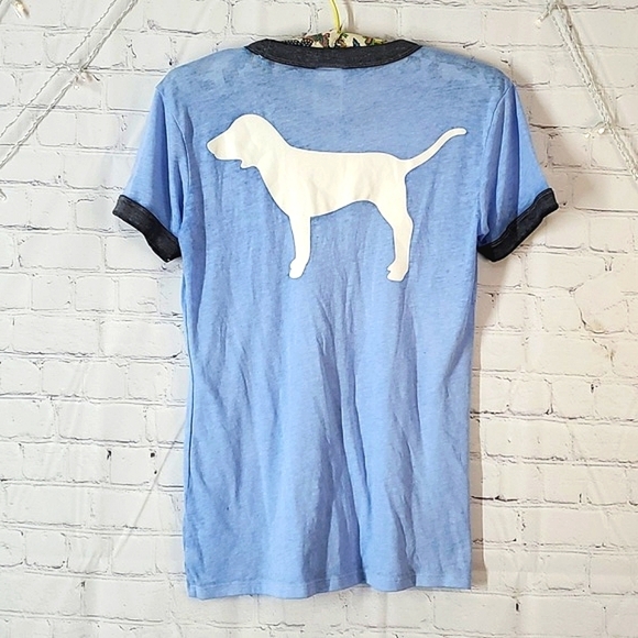 2016 Victoria's Secret PINK Sky Blue Dog Logo Print Back Ringer Tee Tshirt  XS - Picture 1 of 15